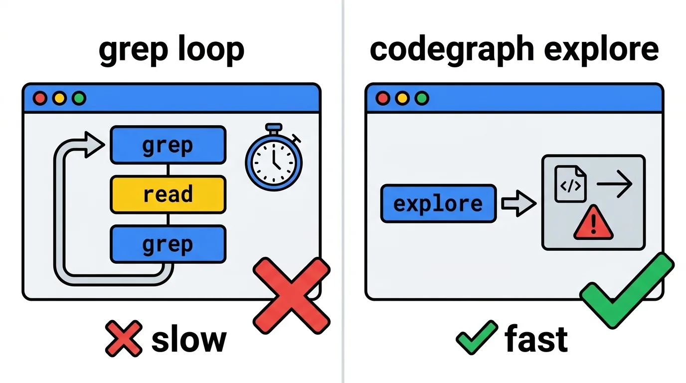 grep·read 를 반복하는 탐색은 느리지만, codegraph explore 한 번은 소스와 호출 관계를 곧바로 돌려준다.