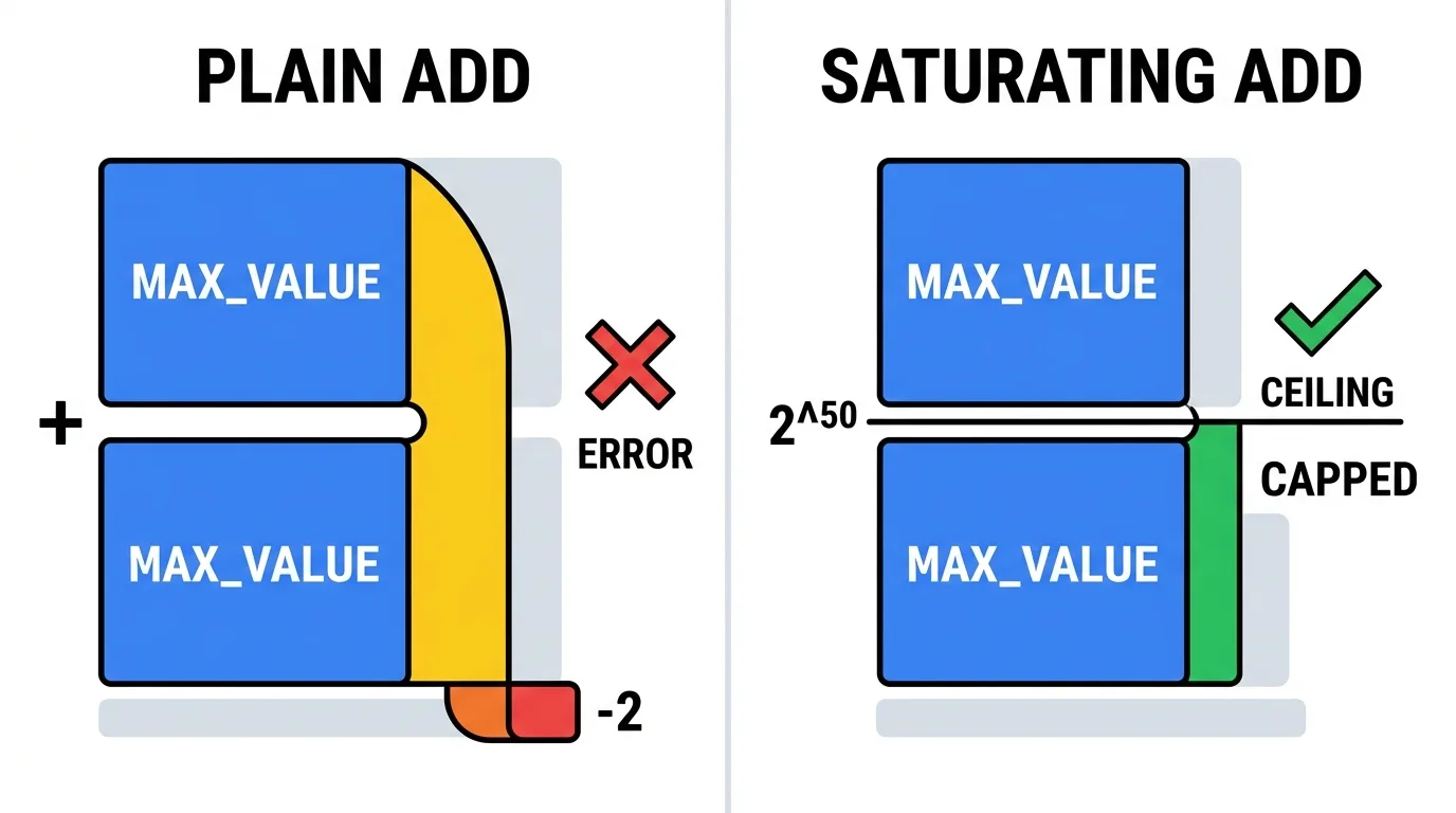 Long.MAX_VALUE를 그대로 더하면 넘쳐 음수가 되지만 포화 덧셈은 상한에서 멈춘다.