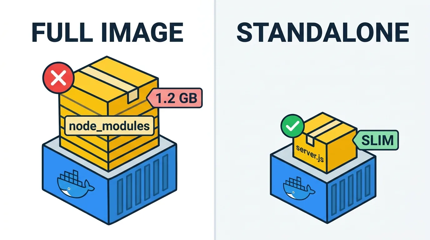 standalone 출력은 node_modules 전체 대신 실행에 필요한 파일만 추려 이미지를 슬림하게 만든다.