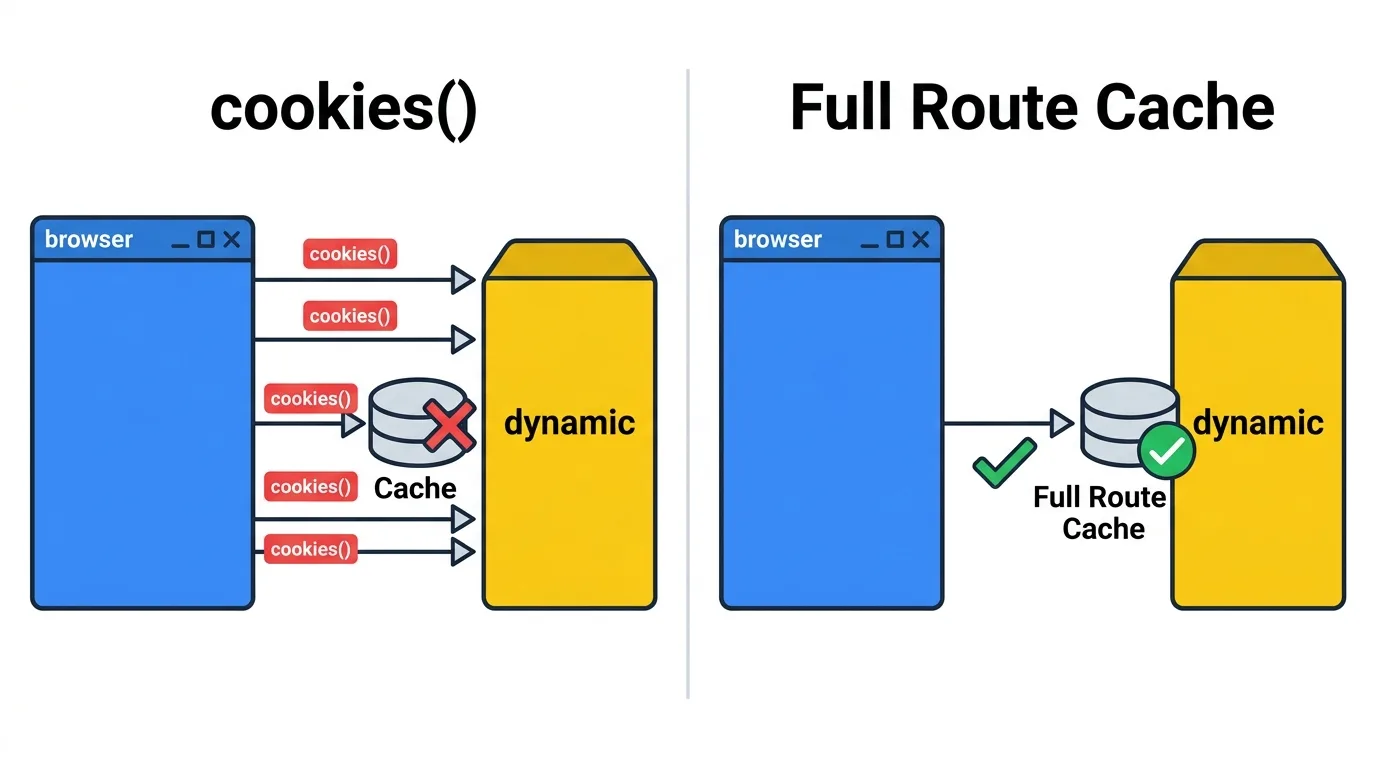 cookies()처럼 요청별 입력을 읽으면 라우트가 동적으로 바뀌어 매 요청 서버까지 가지만, 그런 동적 API를 쓰지 않으면 Full Route Cache가 결과를 재사용해 서버까지 가지 않는다.