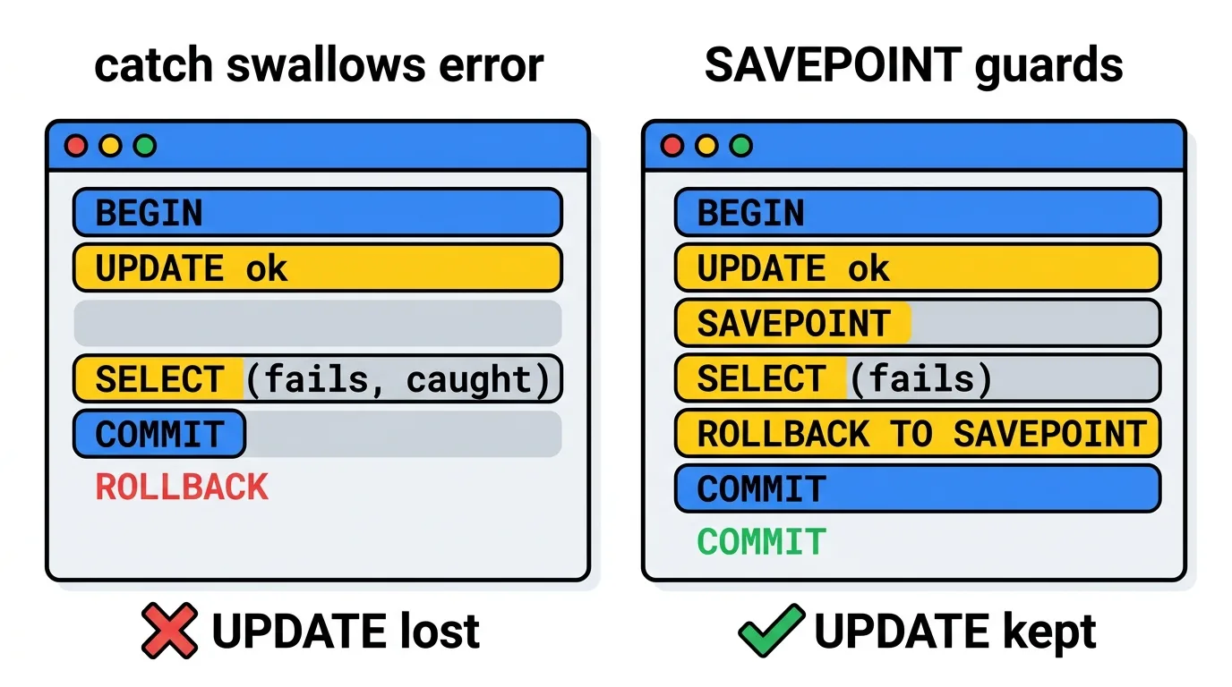 삼킨 에러로 트랜잭션이 aborted 되면 COMMIT 이 조용히 ROLLBACK 되지만, SAVEPOINT 로 감싸면 UPDATE 는 그대로 남는다.