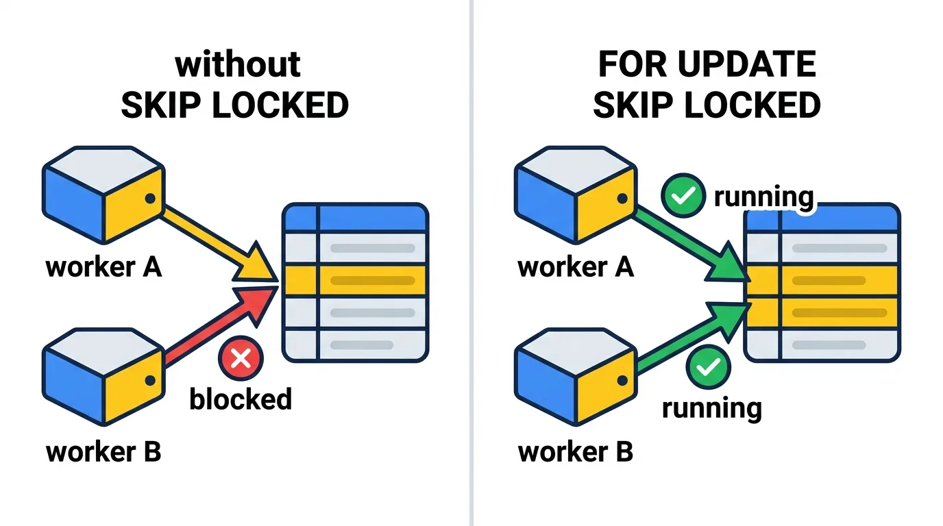 SKIP LOCKED가 없으면 워커들이 같은 행을 두고 기다리지만, 있으면 각자 다른 행을 동시에 집어가 처리량이 워커 수만큼 는다.