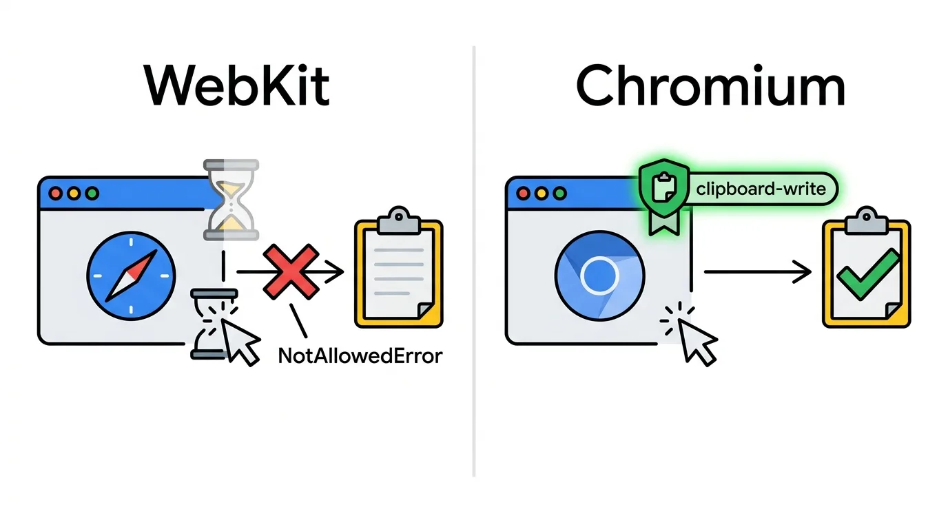 WebKit 은 제스처가 만료되면 클립보드 쓰기를 거부하지만, 크롬은 권한이 항상 부여돼 있어 같은 코드가 통과한다.