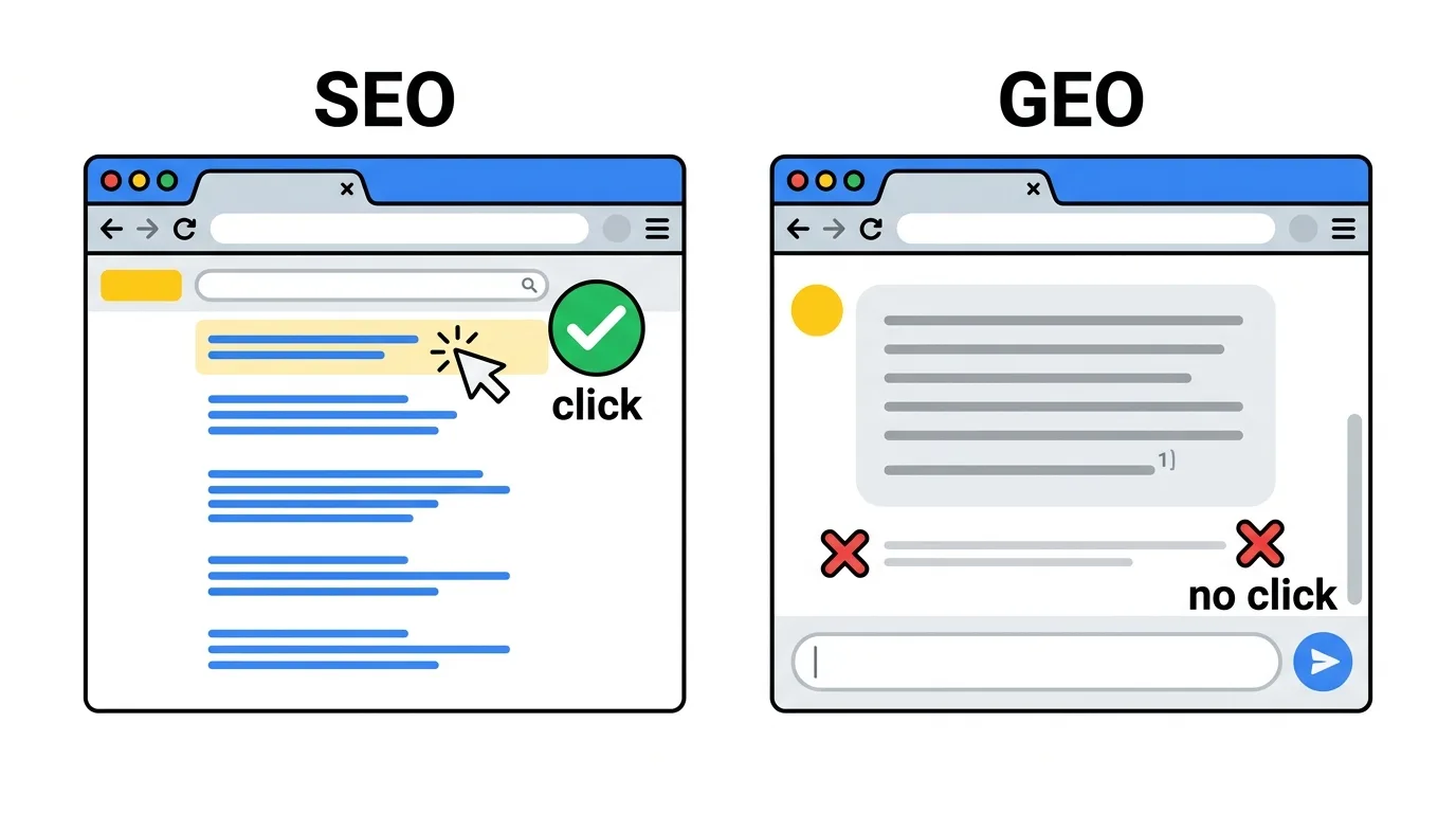 SEO 는 링크를 눌러 들어오게 하지만, GEO 는 답변 안에서 끝나 링크를 거의 누르지 않는다.