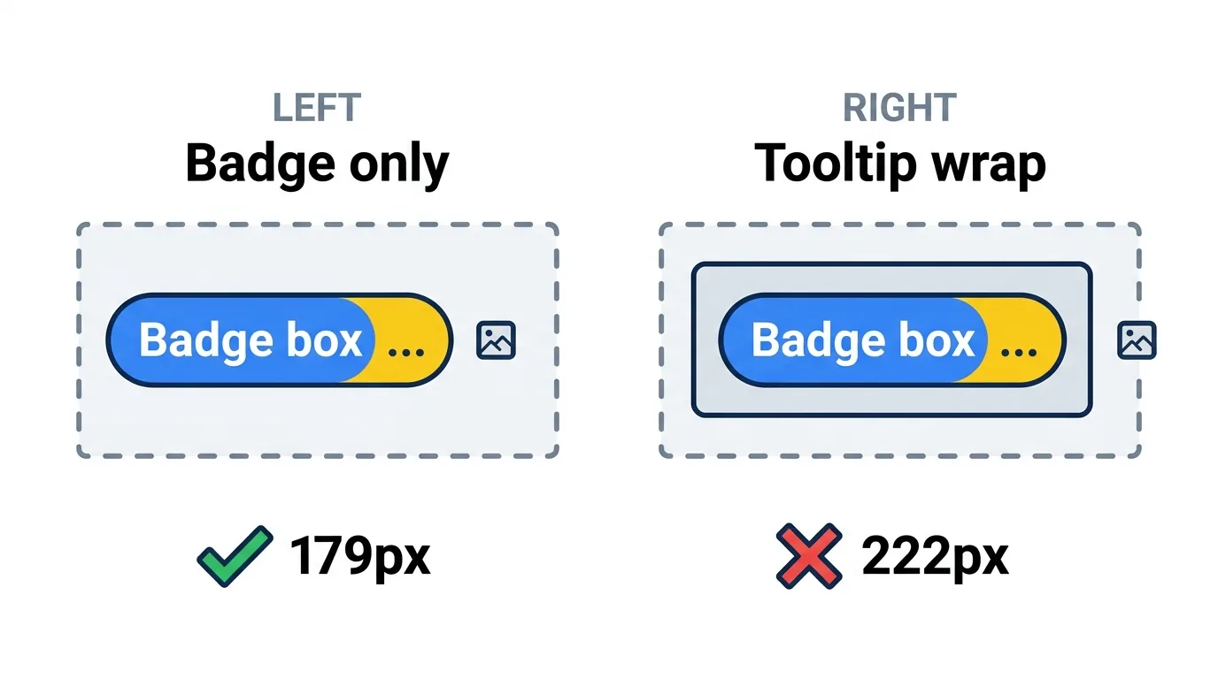 Tooltip으로 감싼 래퍼가 flex-shrink: 0을 가져가면 배지가 자기 칸을 넘어 이웃을 밀어낸다.