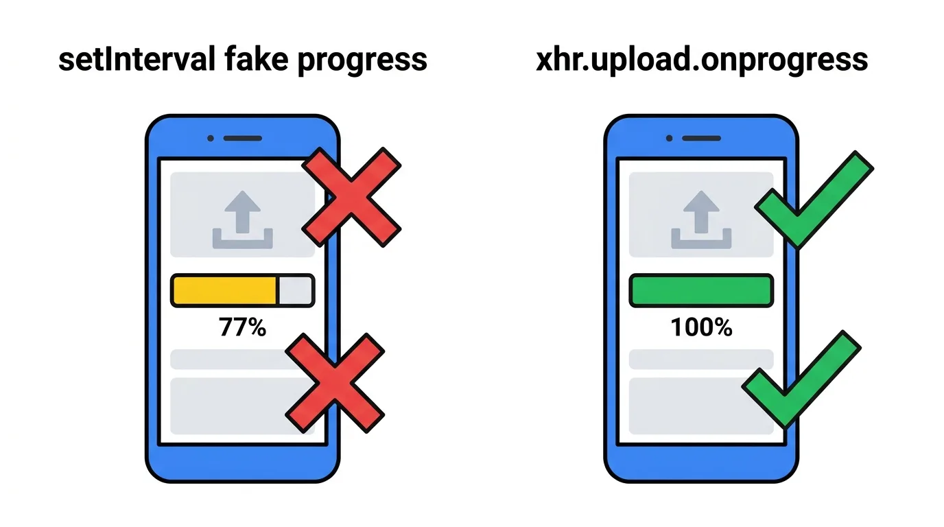 타이머 기반 진행률은 77%에서 멈추지만 XHR의 onprogress는 실제 전송률로 100%까지 올라간다.