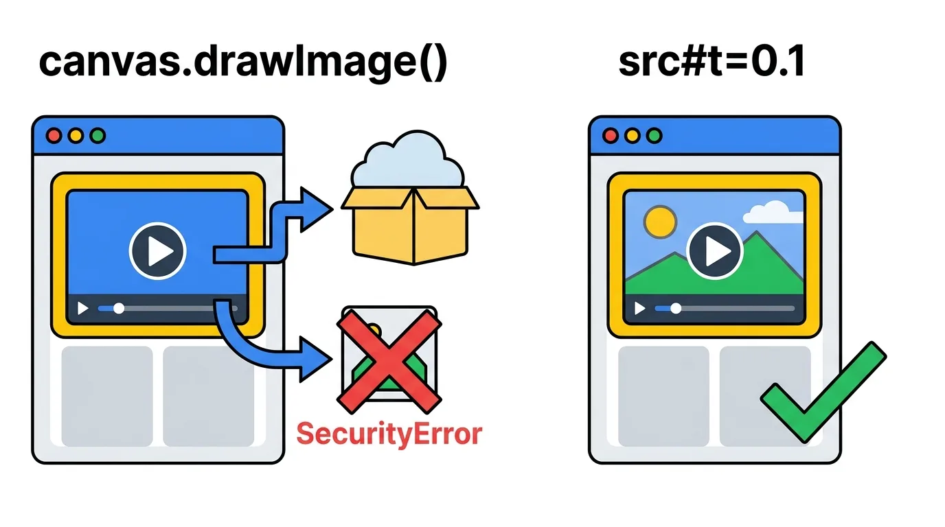 cross-origin 영상은 canvas 캡처가 SecurityError 로 막히지만, media fragment 는 video 요소가 첫 프레임을 직접 그려 준다.