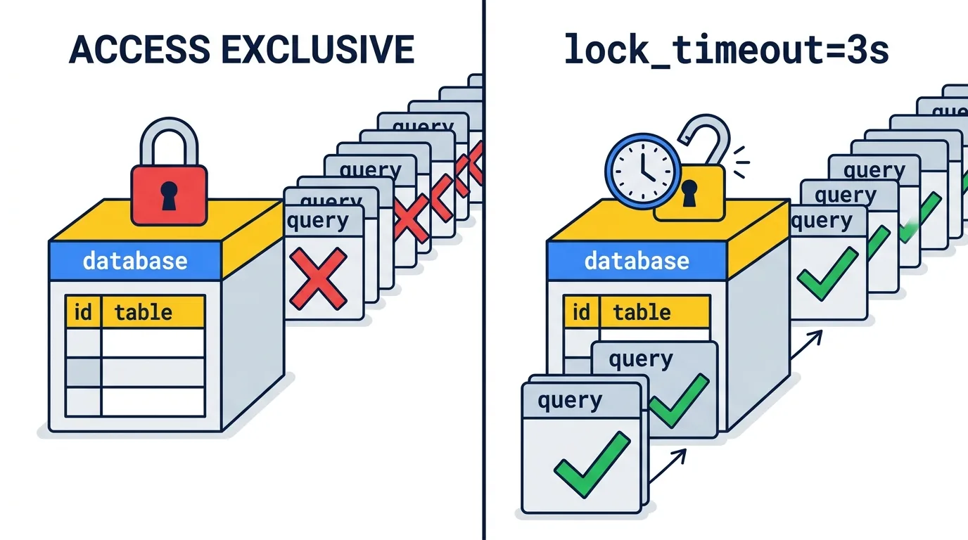 ACCESS EXCLUSIVE 락을 기다리는 DDL이 뒤에 줄 선 쿼리를 전부 막지만, lock_timeout을 짧게 걸어 두면 락을 못 잡아도 금방 실패해 대기 행렬이 바로 풀린다.